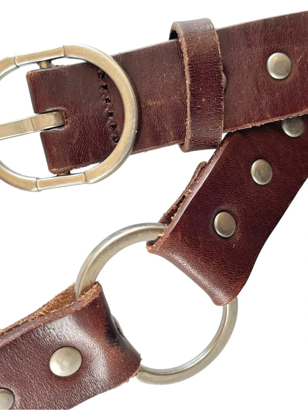 Silpada Designs Brown Studded Leather Belt Double Wrap O Ring Boho 90s Size L